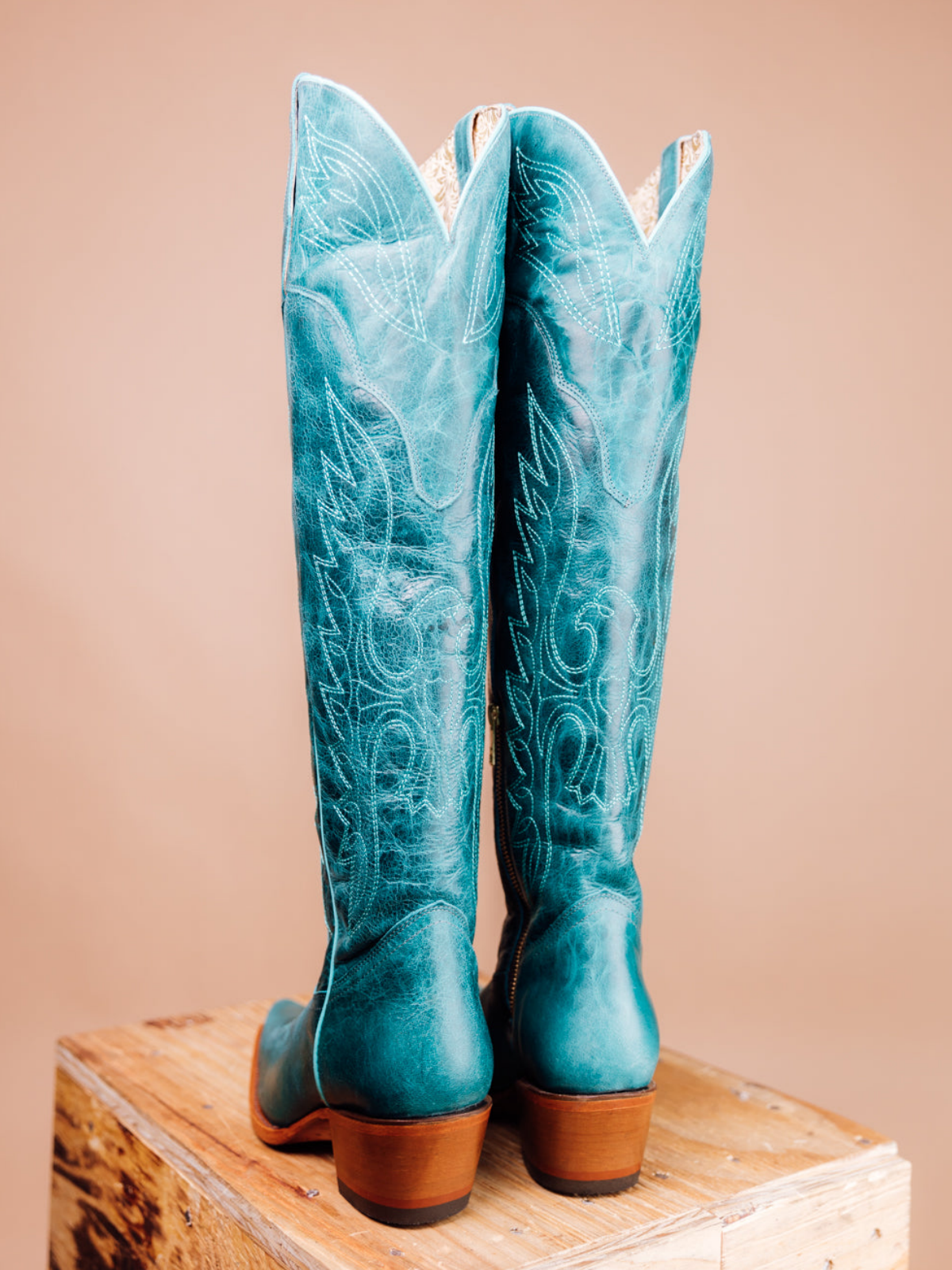 Eagle Embroidery Distressed Snip-Toe Half-Zip Over-The-Knee Tall Cowgirl Boots - Turquoise