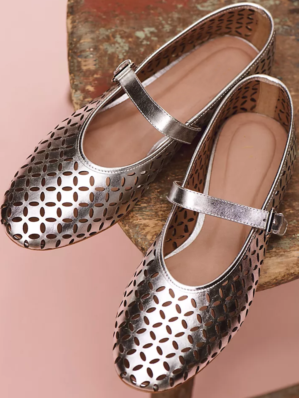 Metallic Silver Flats Mary Janes With Floral Cutout And Buckled Strap