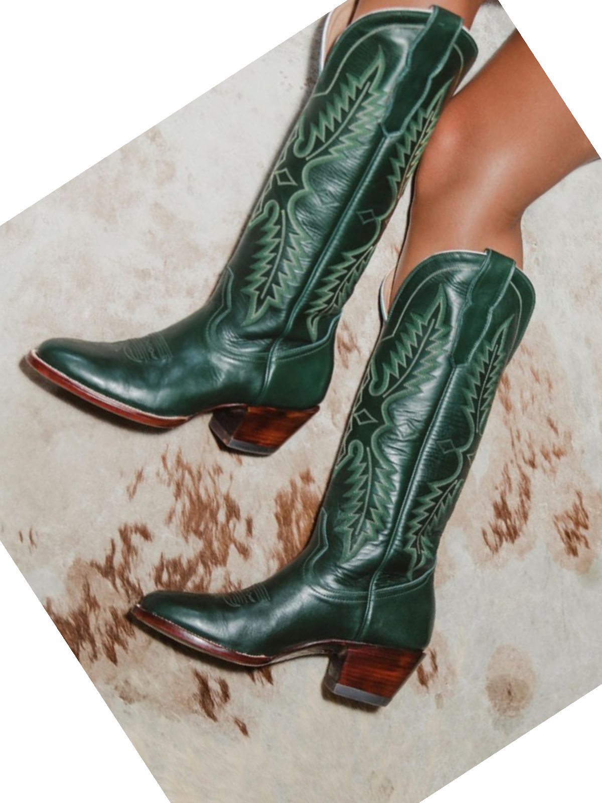 Green Embroidered Almond-Toe Mid Calf Western Boots Wide Calf Cowgirl Tall Boots