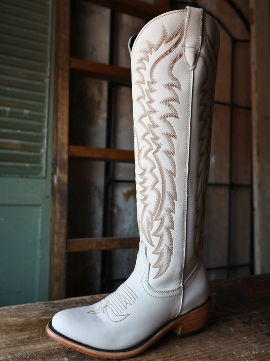 Full-Zip Almond-Toe Classic Embroidery Tall Knee High Cowgirl Boots - Ivory