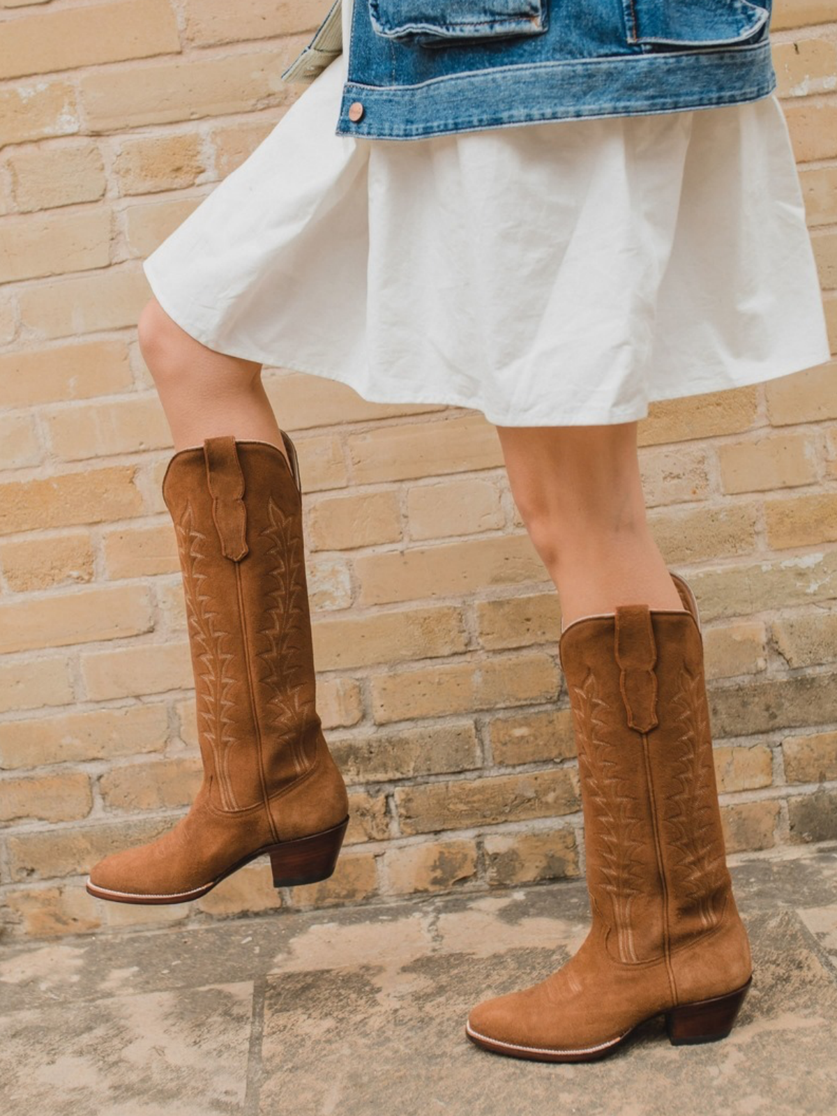 Brown Faux Suede Embroidery Almond-Toe Wide Mid Calf Tall Cowgirl Boots