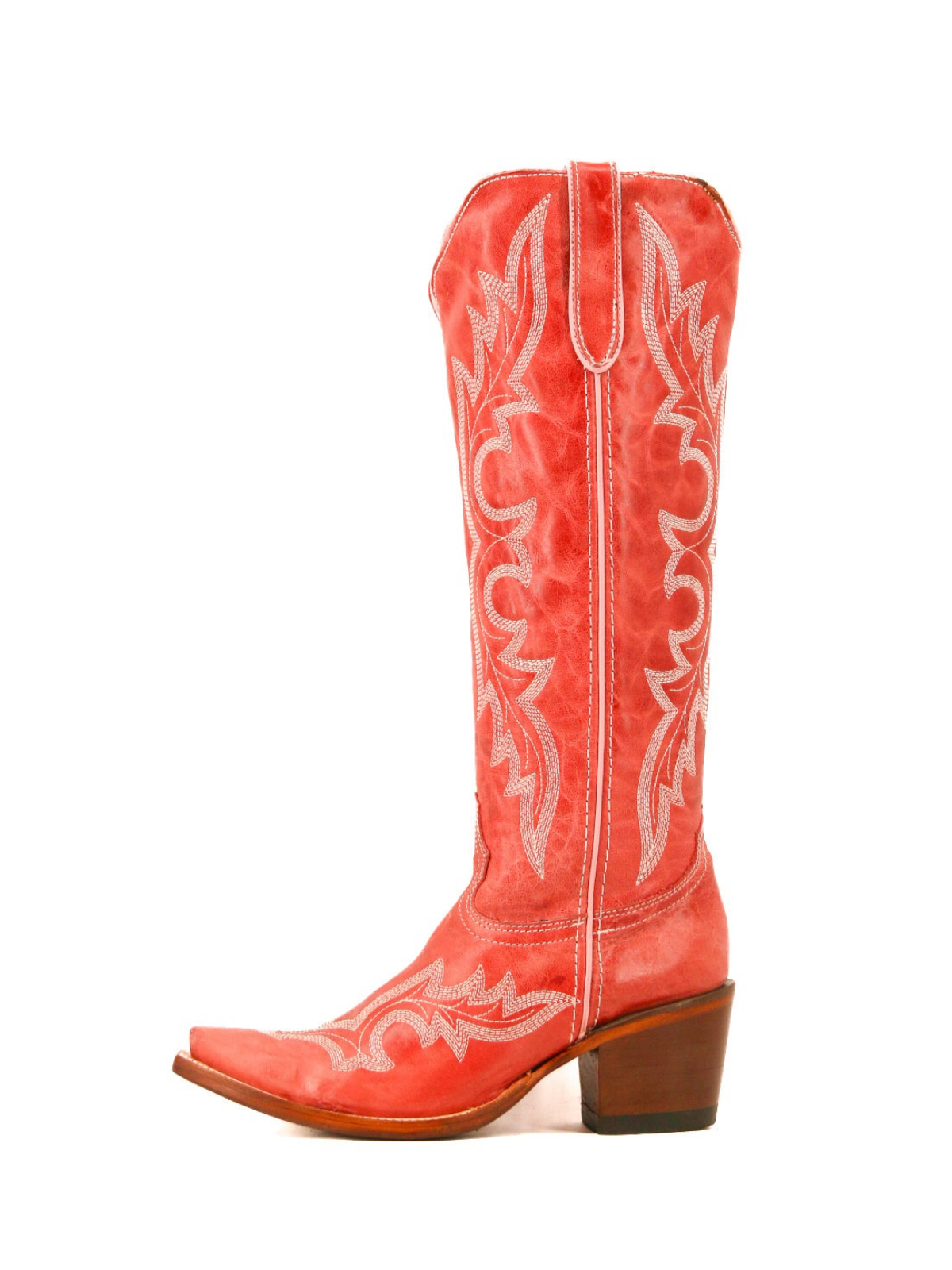 Distressed Red Snip-Toe Half-Zip Classic Embroidery Knee High Tall Cowgirl Boots