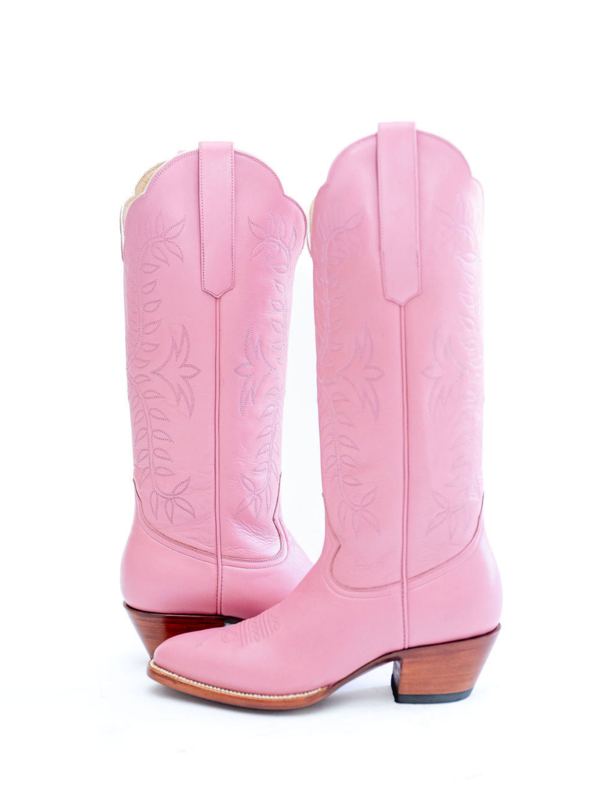 Leaves Embroidery Almond-Toe Wide Mid Calf Cowgirl Boots - Pink