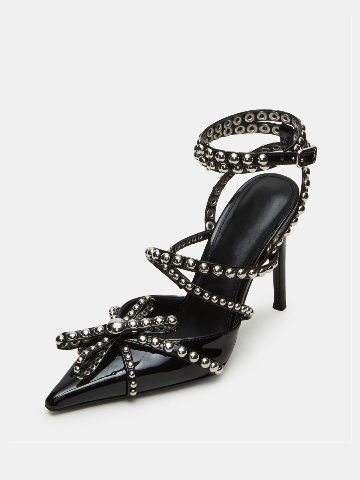 Black Patent Pointed-Toe Studded Cross Strap And Ankle Strap Pump High Heels