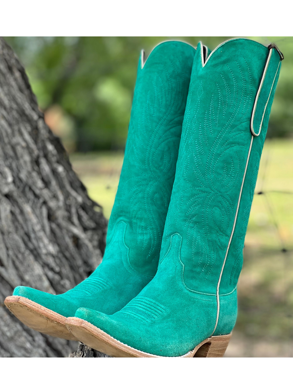 Persian Green Faux Suede Embroidery Snip-Toe Wide Mid Calf Cowgirl Tall Boots