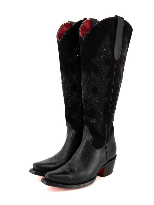 Black Snip-Toe Glitter Applique Embroidery Half-Zip Tall Knee High Cowgirl Boots