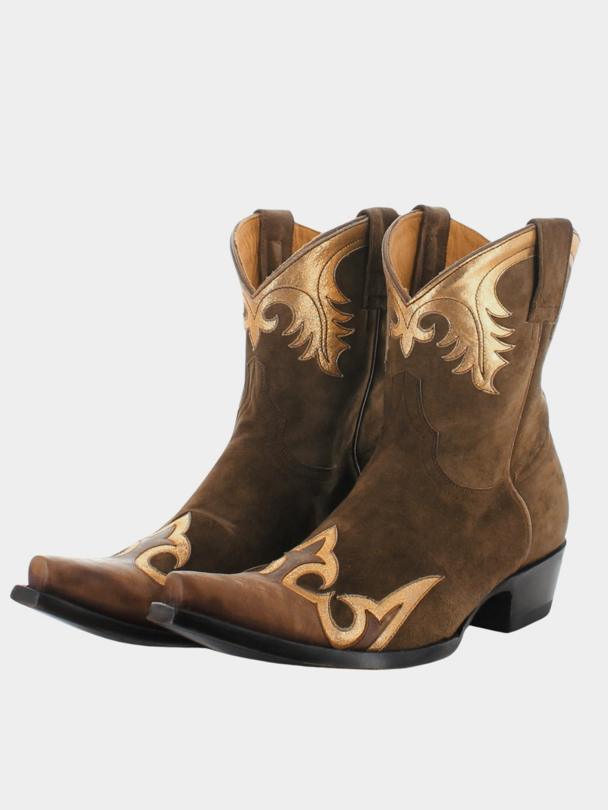 Brown Faux Suede Snip-Toe Metallic Gold Applique Wide Mid Calf Cowgirl Boots