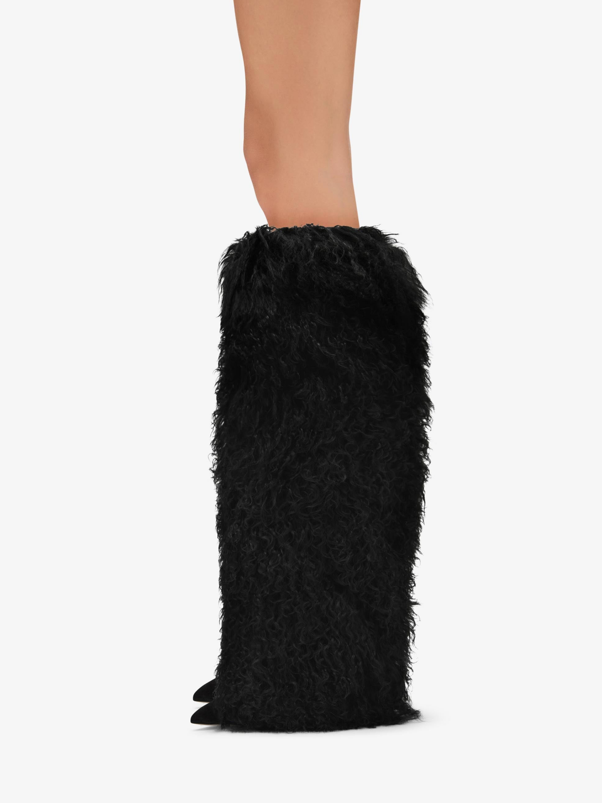 Plush And Faux Suede Pointed-Toe Wide Mid Calf Barrel Shaft Stiletto Boots - Black