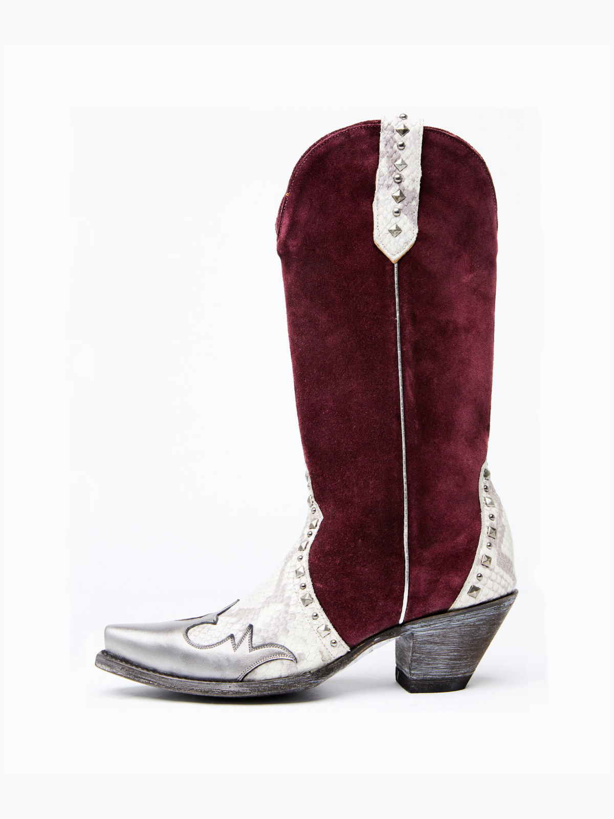 Contrast Snakeskin And Wine Red Faux Suede Studded Applique Snip-Toe Wide Mid Calf Cowgirl Boots