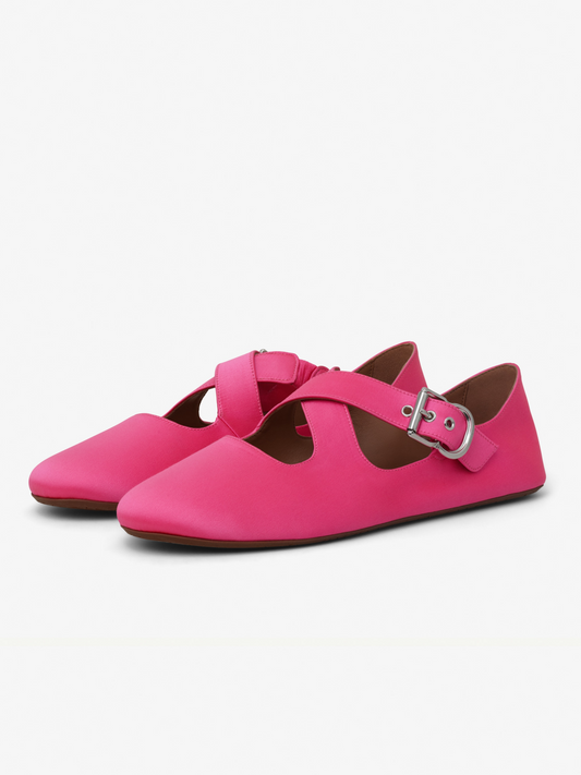 Pink Satin Round-Toe Cross Buckle Straps Ballet Flats