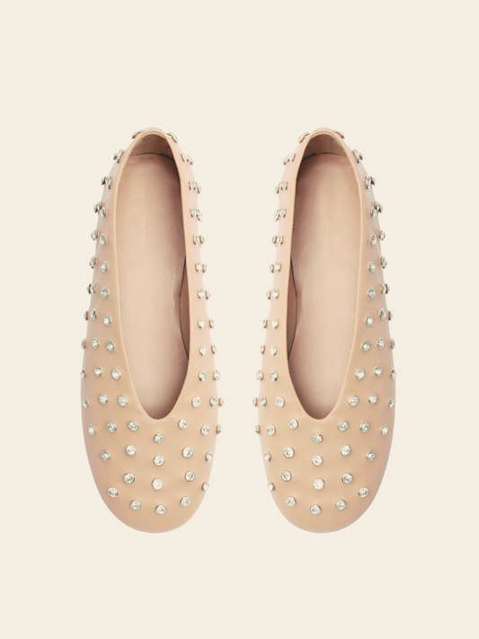 Beige Sparkle Rhinestone Round Toe Slip-On Flats