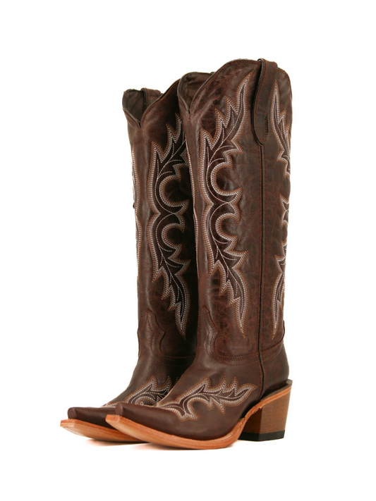 Distressed Brown Snip-Toe Half-Zip Classic Embroidery Knee High Tall Cowgirl Boots