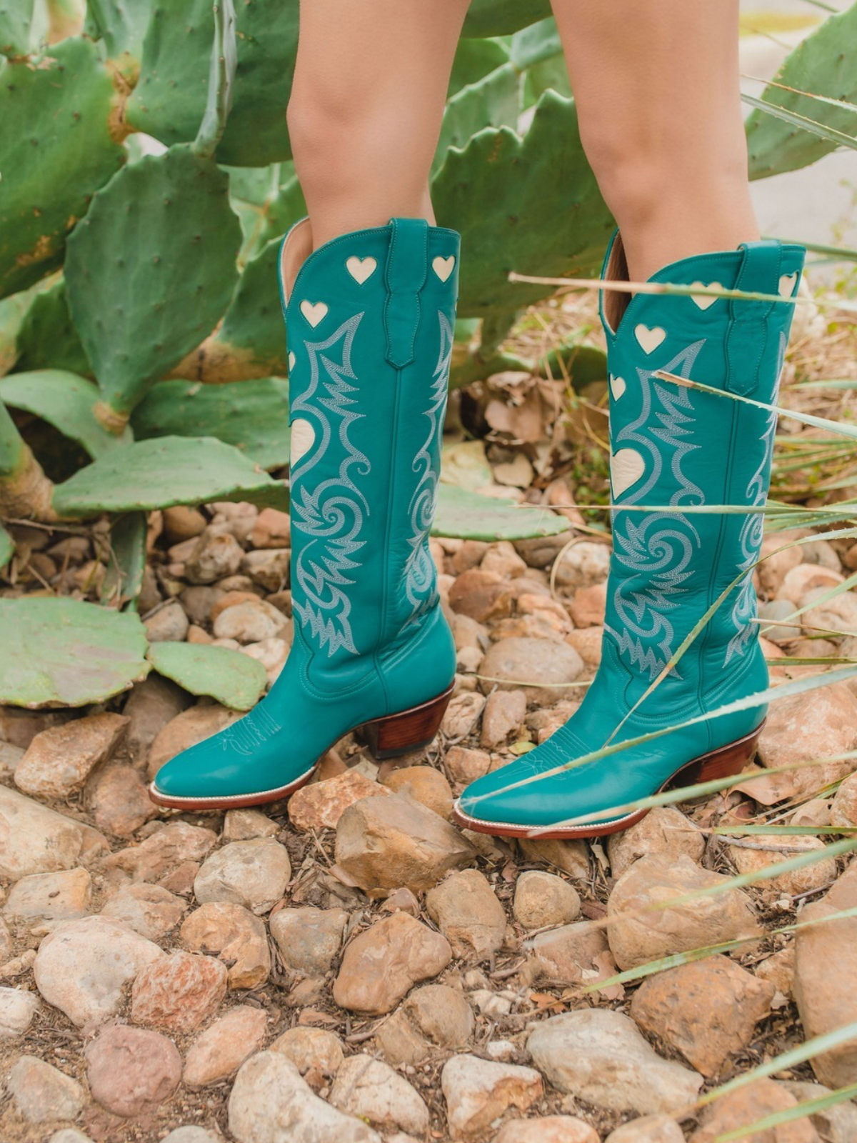 Ivory Heart Inlay Embroidery Almond-Toe Tall Wide Mid Calf Cowgirl Boots - Turquoise