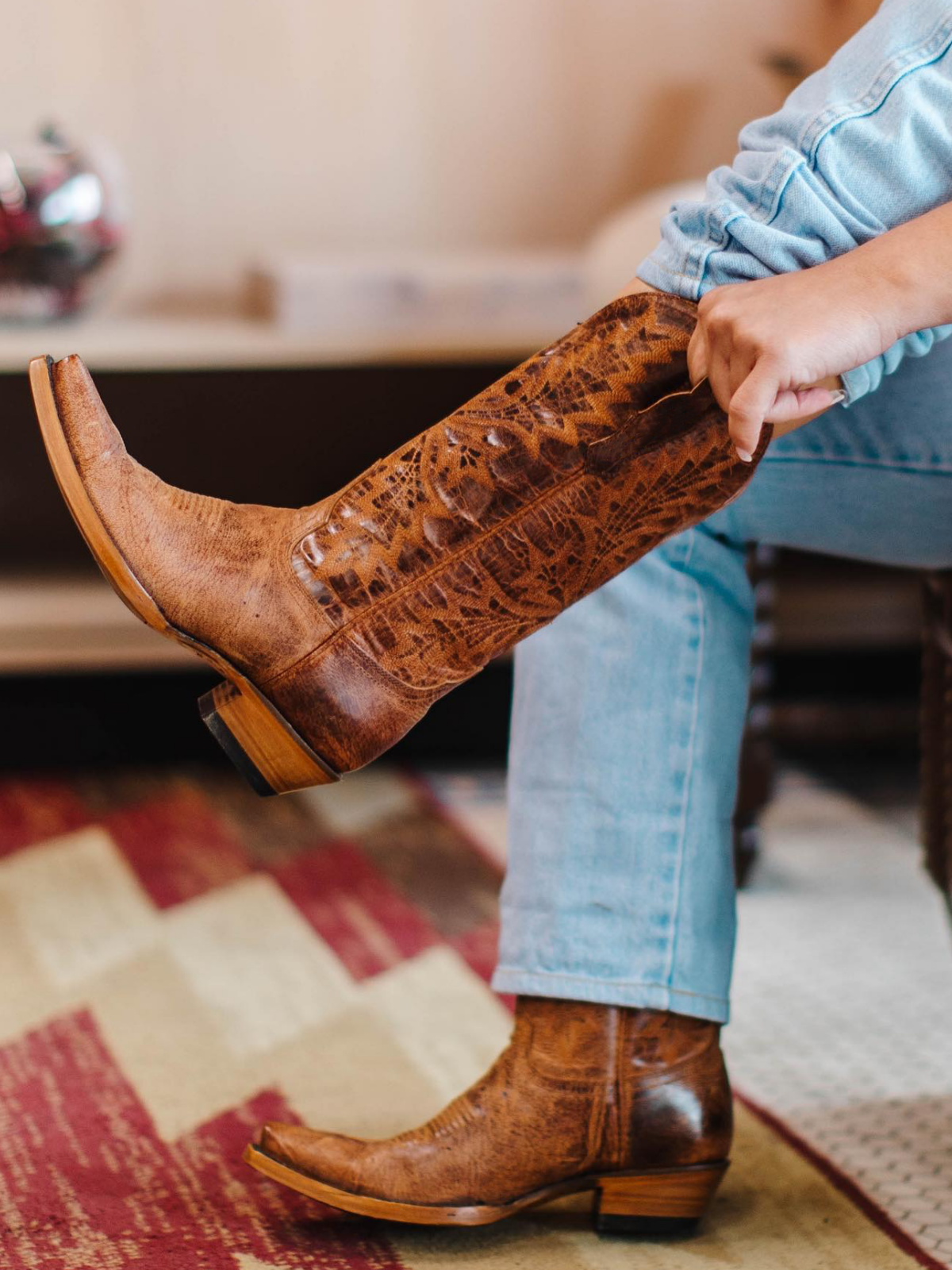 Distressed Leaf Embroidery Snip-Toe Wide Mid Calf Tall Cowgirl Boots - Brown