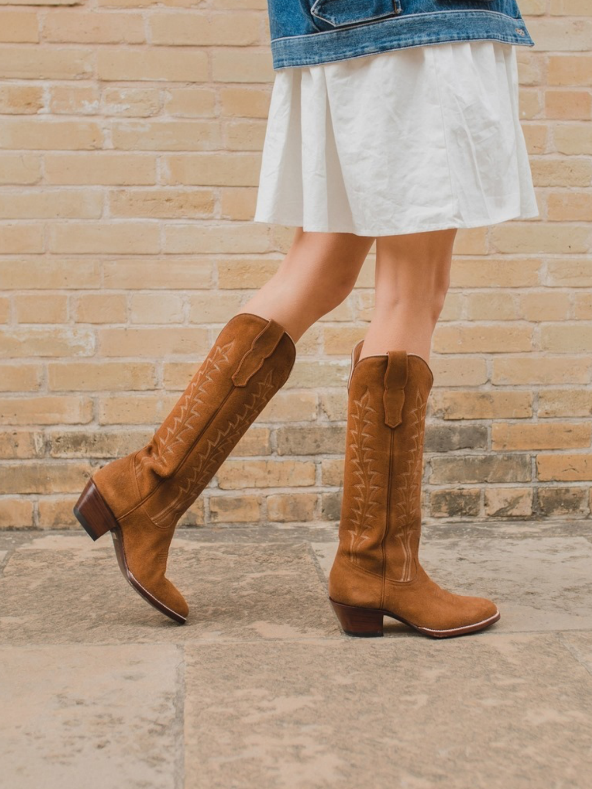 Brown Faux Suede Embroidery Almond-Toe Wide Mid Calf Tall Cowgirl Boots