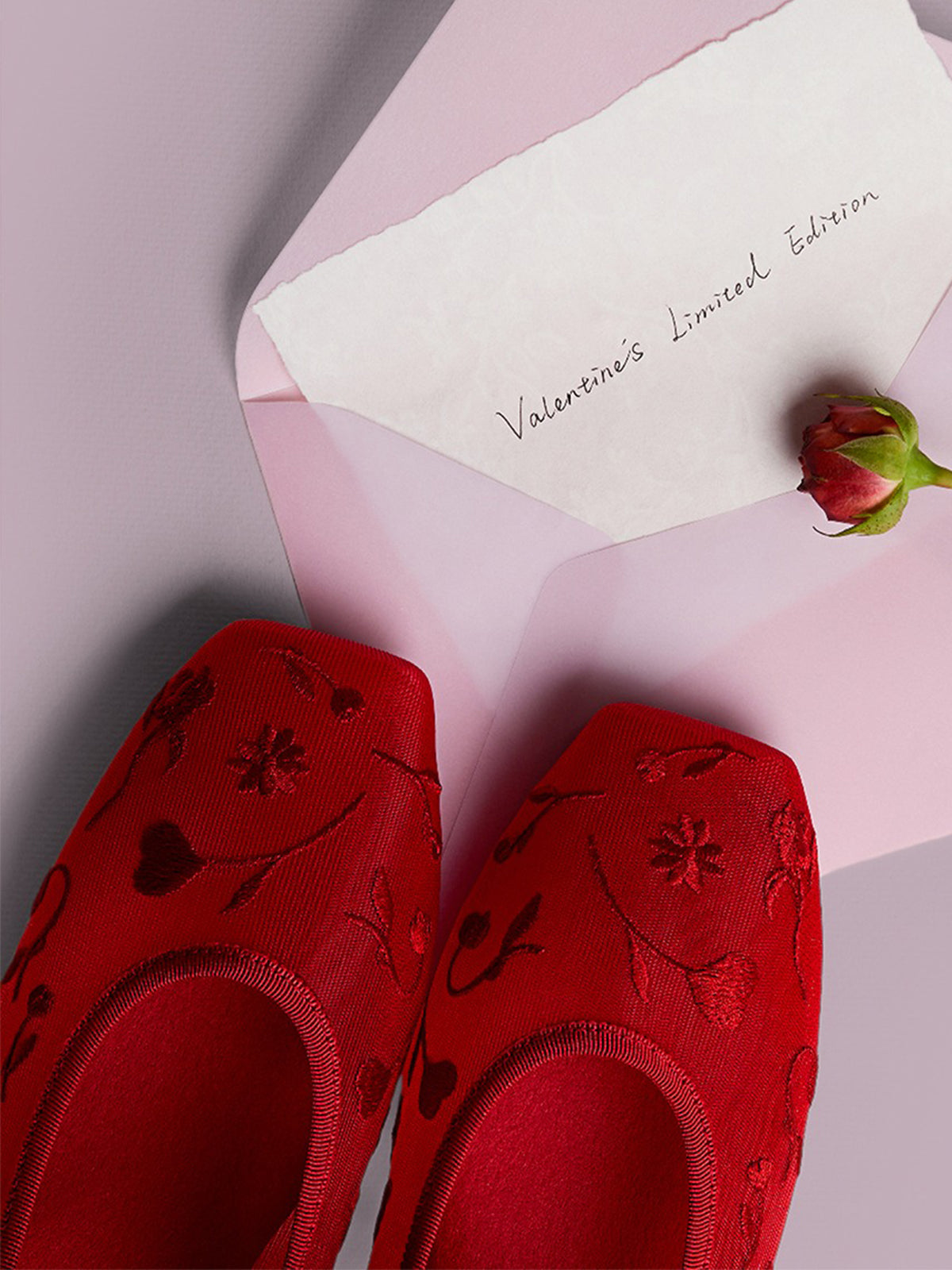 Mesh And Satin Square-Toe Floral Embroidery Mary Jane Flats - Red