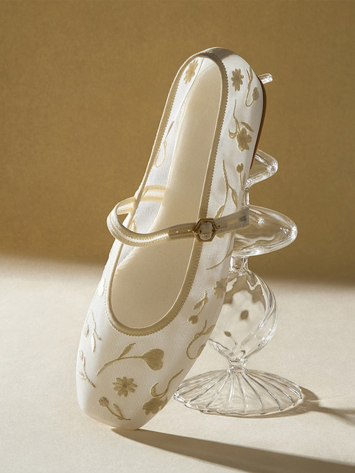 Mesh And Satin Square-Toe Floral Embroidery Mary Jane Flats - Cream