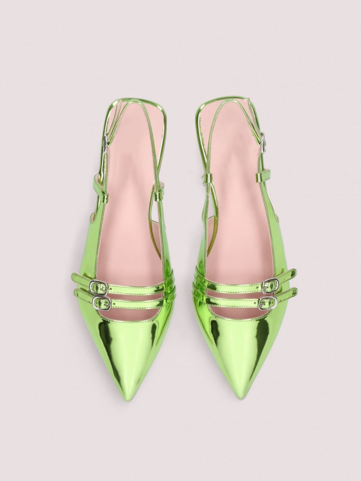 Metallic Lime Green Pointy Buckled Strappy Slingback Ballet Flats