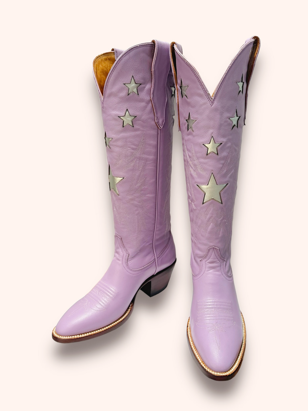 Metallic Star Inaly Embroidery Almond-Toe Wide Mid Calf Tall Cowgirl Boots - Light Purple