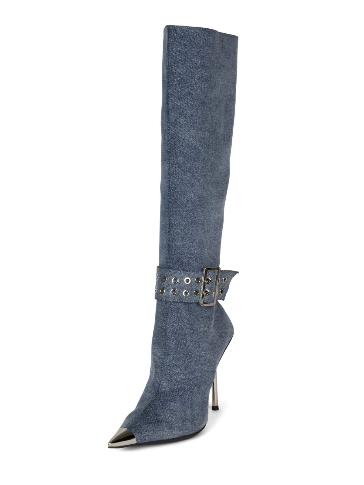 Blue Denim Pointed-Toe Silver Toe Full-Zip Tall Knee High Stiletto Boots With Buckle