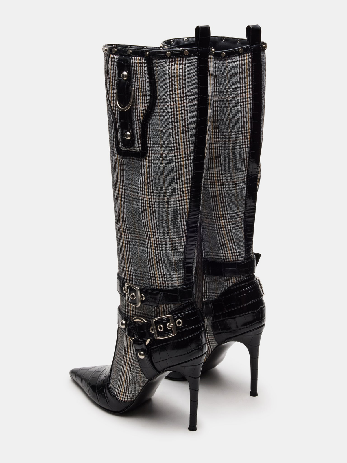 Contrast Black Crocodile-Embossed And Plaid Fabric Pointed-Toe Full-Zip Mid Calf Stiletto Boots With Buckle