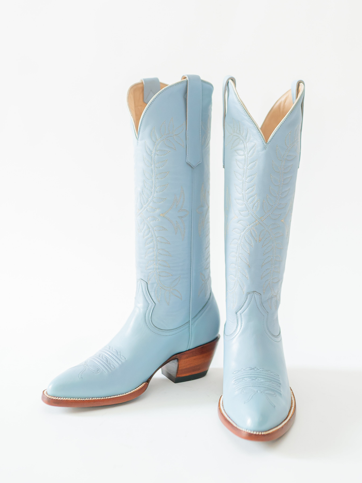 Leaves Embroidery Almond-Toe Wide Mid Calf Cowgirl Boots - Powder Blue