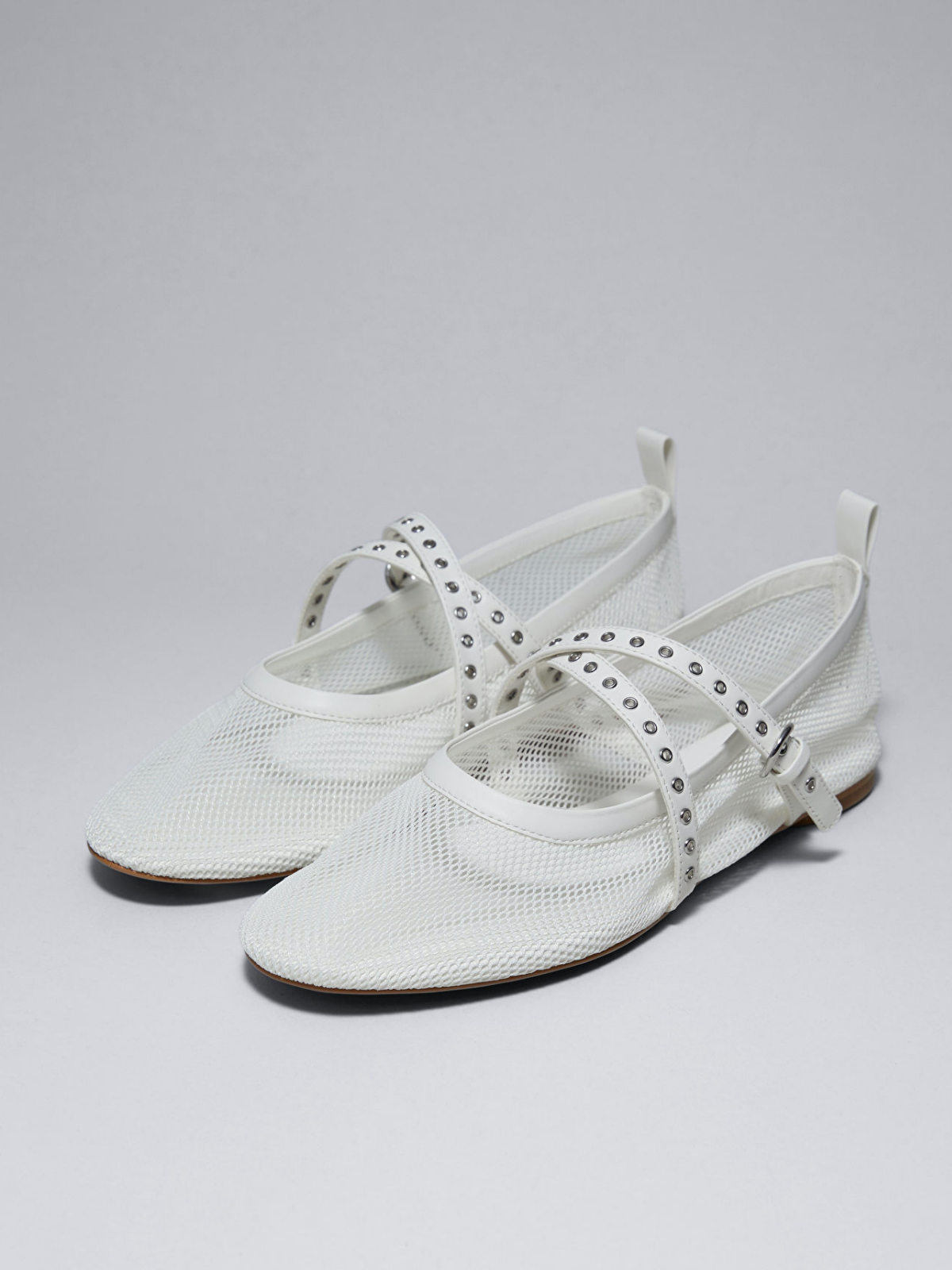 White Mesh Round Toe Ballet Flats With Crossed Grommet Eyelet Buckled Strap