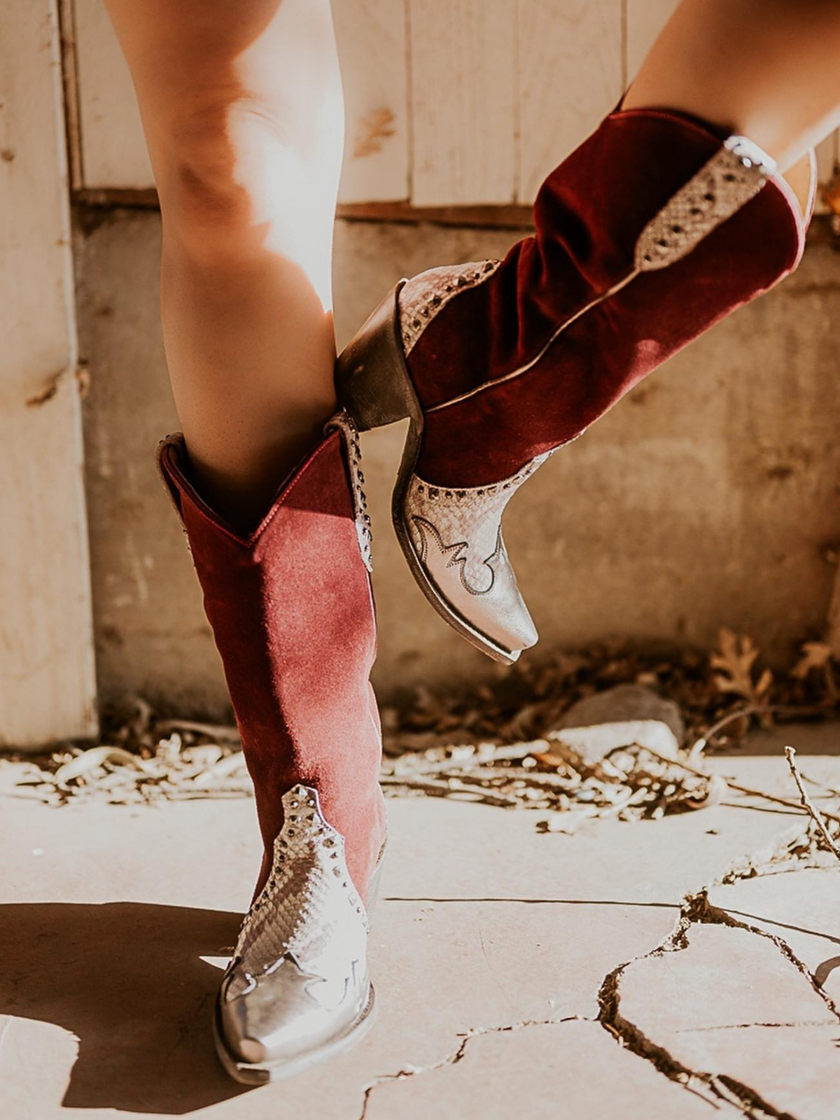 Contrast Snakeskin And Wine Red Faux Suede Studded Applique Snip-Toe Wide Mid Calf Cowgirl Boots