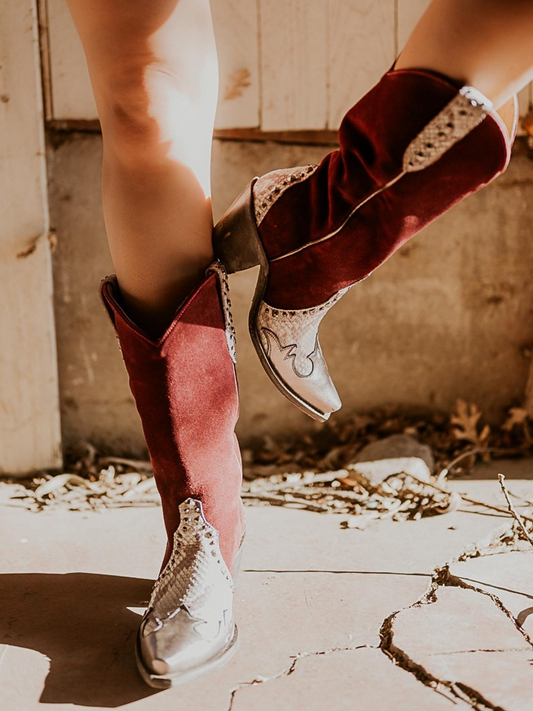 Contrast Snakeskin And Wine Red Faux Suede Studded Applique Snip-Toe Wide Mid Calf Cowgirl Boots