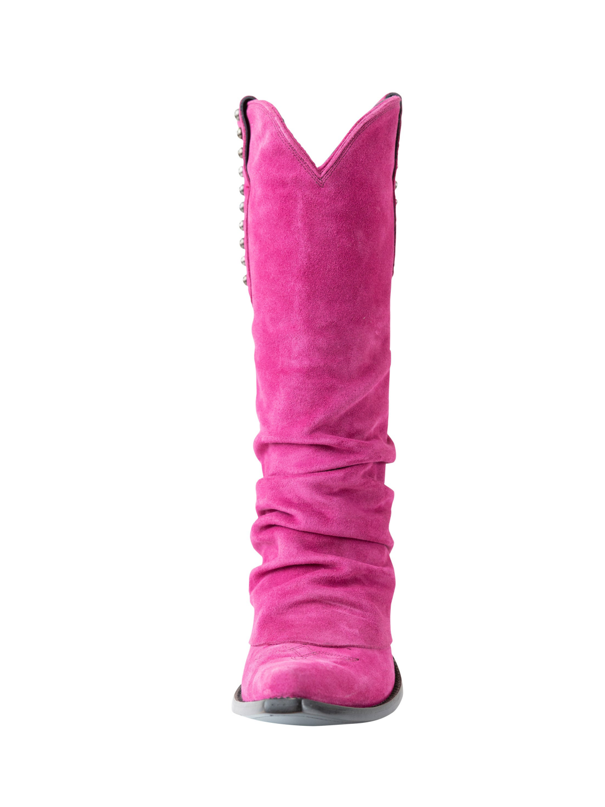 Pink Faux Suede Snip-Toe Studded Tall Wide Mid Calf Fold-Over Slouch Cowgirl Boots