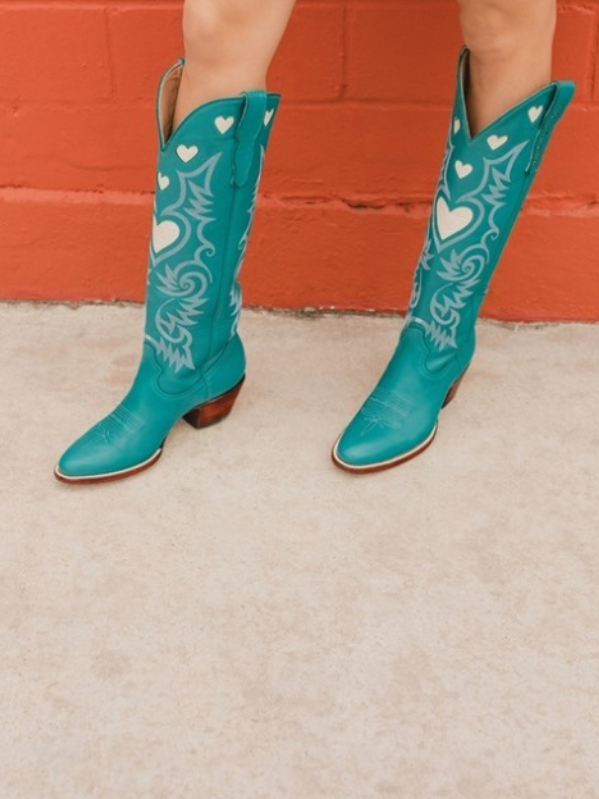 Ivory Heart Inlay Embroidery Almond-Toe Tall Wide Mid Calf Cowgirl Boots - Teal Green