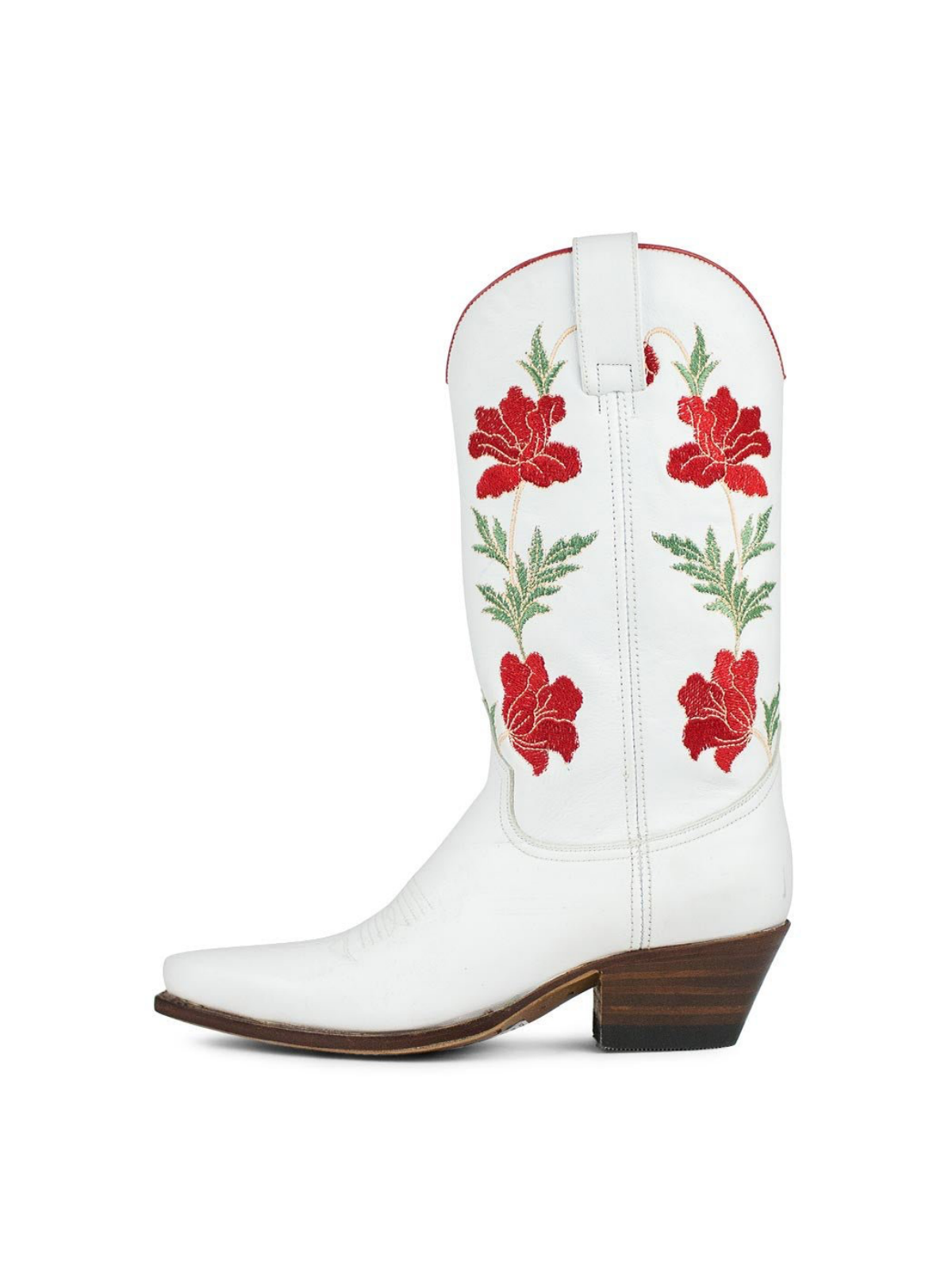 White Snip-Toe Red Flower Embroidery Wide Mid Calf Cowgirl Tall Boots