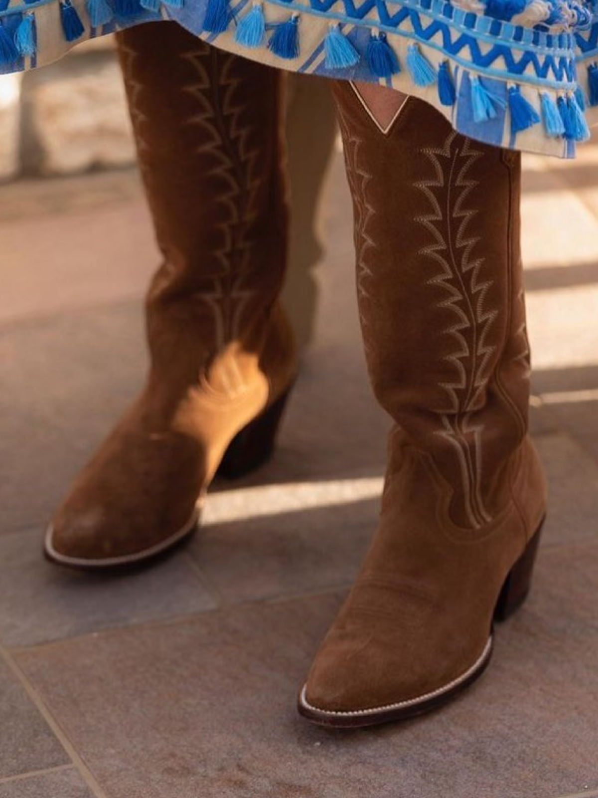 Brown Faux Suede Embroidery Almond-Toe Wide Mid Calf Tall Cowgirl Boots