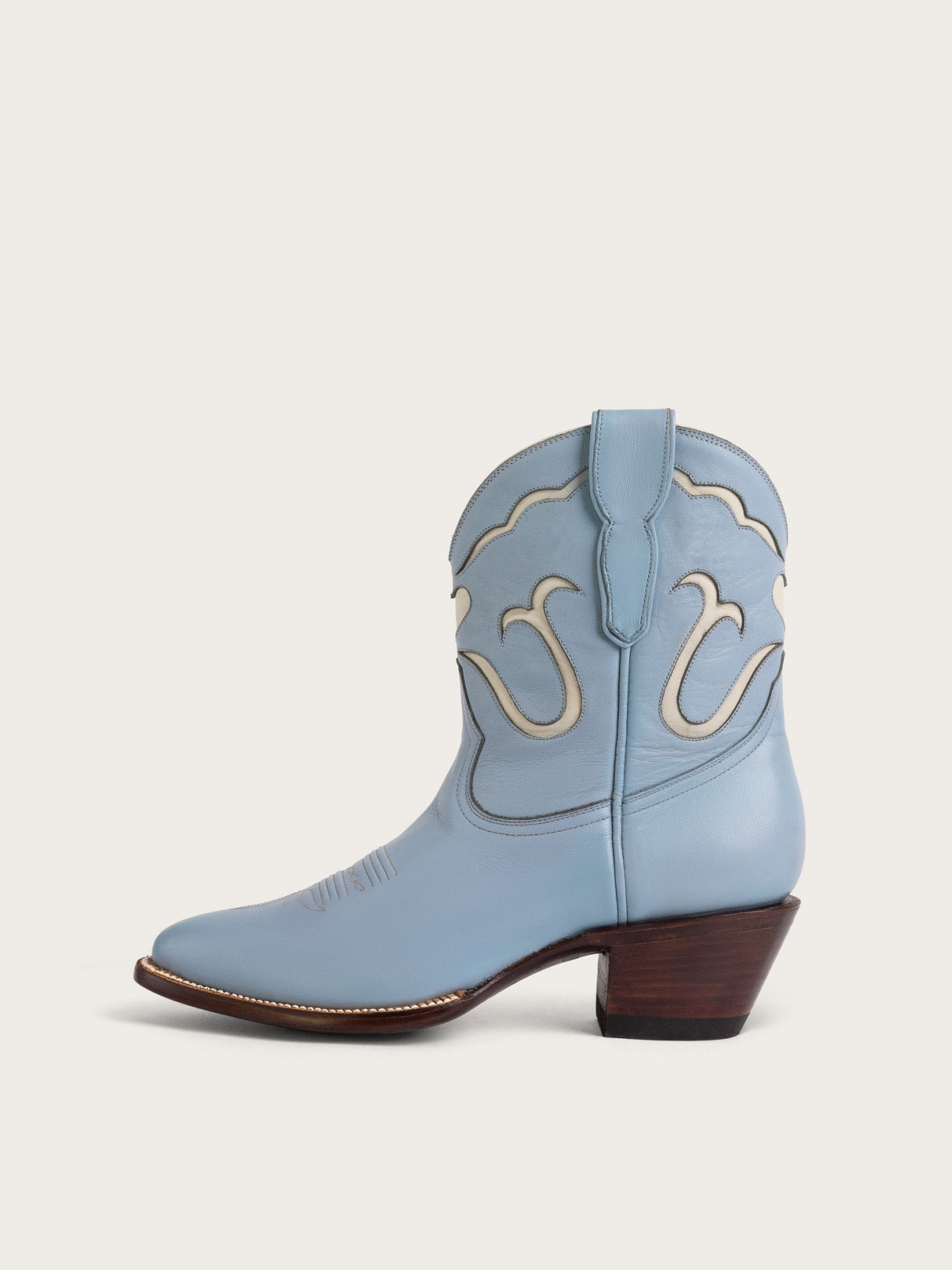 White Heart Inlay Almond-Toe Wide Mid Calf Cowgirl Boots - Powder Blue