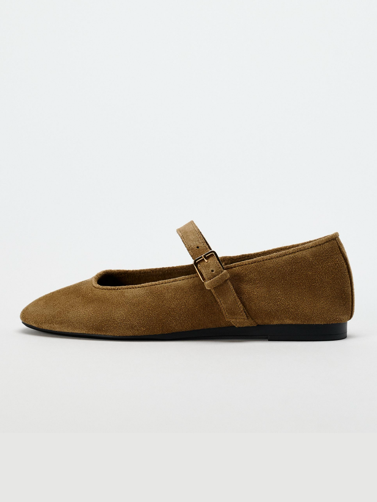 Dark Tan Faux Suede Round-Toe Buckle Closure At Instep Ballet Flats