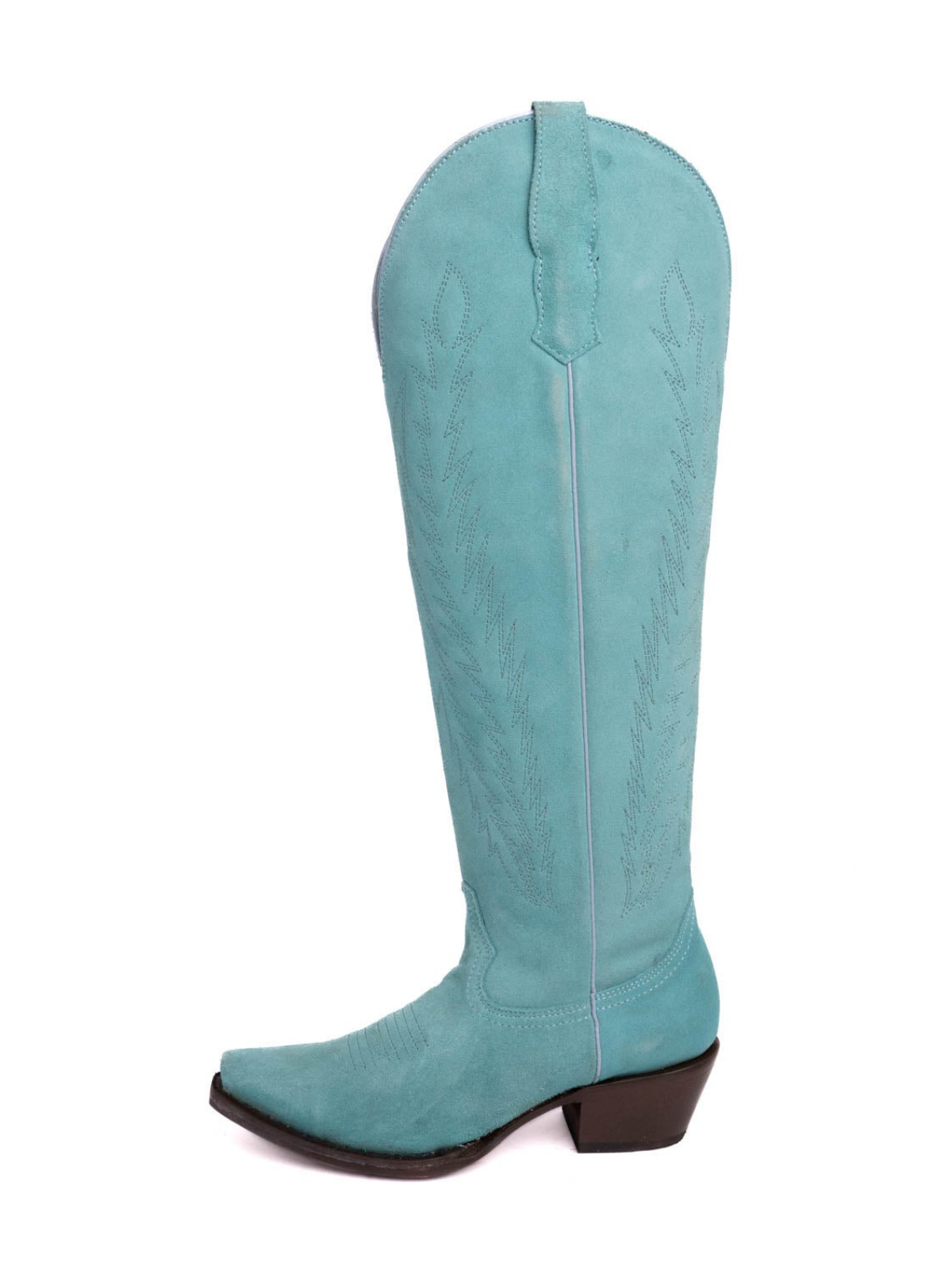 Faux Suede Snip-Toe Half-Zip Embroidery Knee High Tall Cowgirl Boots - Turquoise