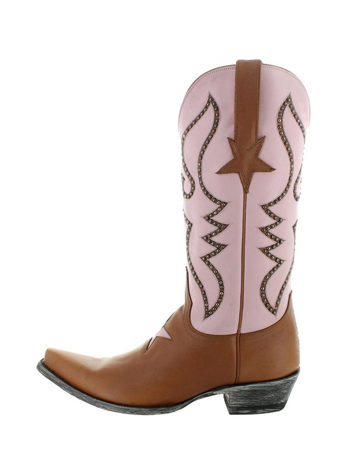 Contrast Brown And Light Pink Snip-Toe Studded Star Inlay Wide Mid Calf Cowgirl Boots