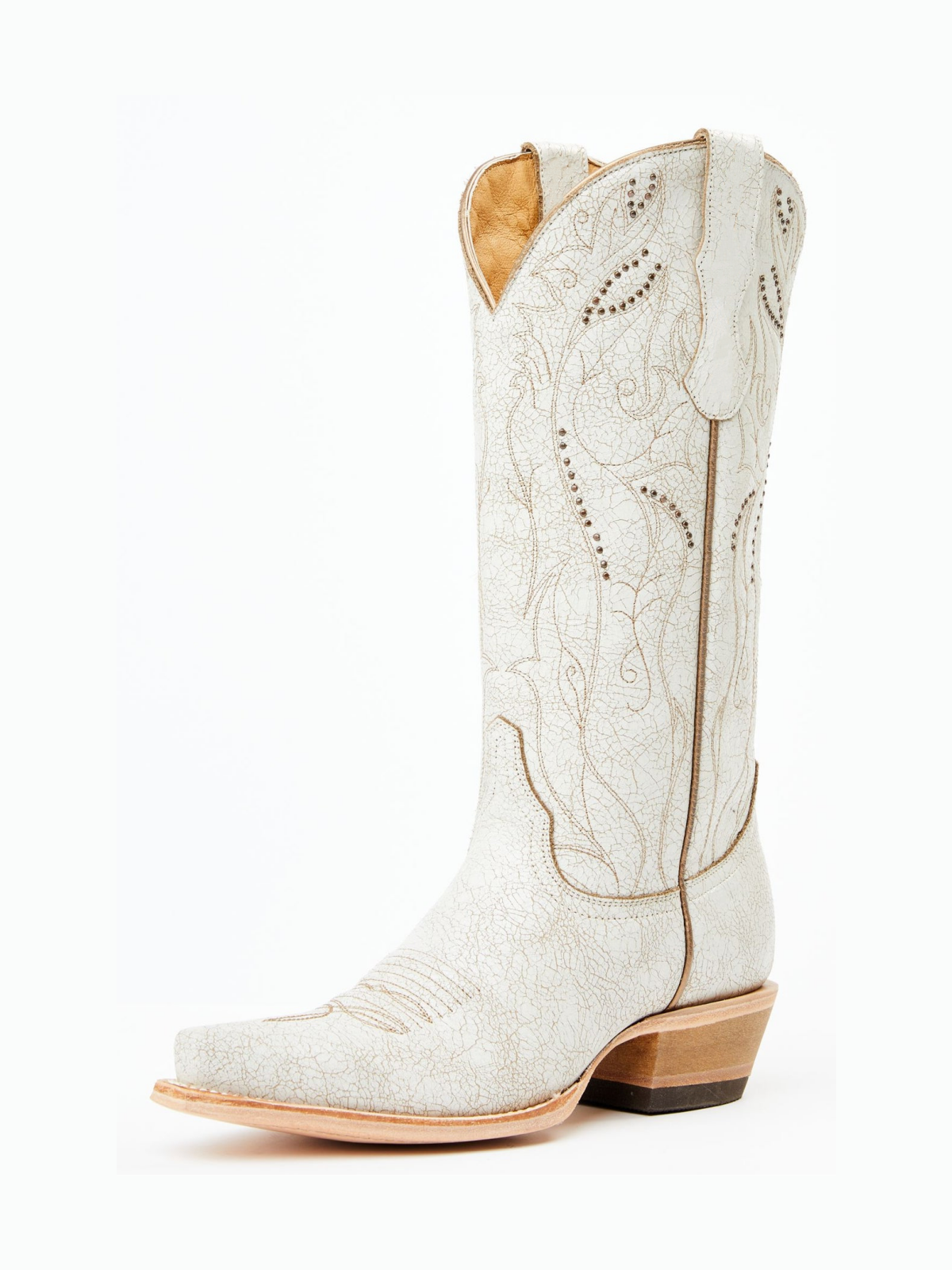 Distressed White Snip-Toe Embroidery Studded Wide Mid Calf Tall Cowgirl Boots