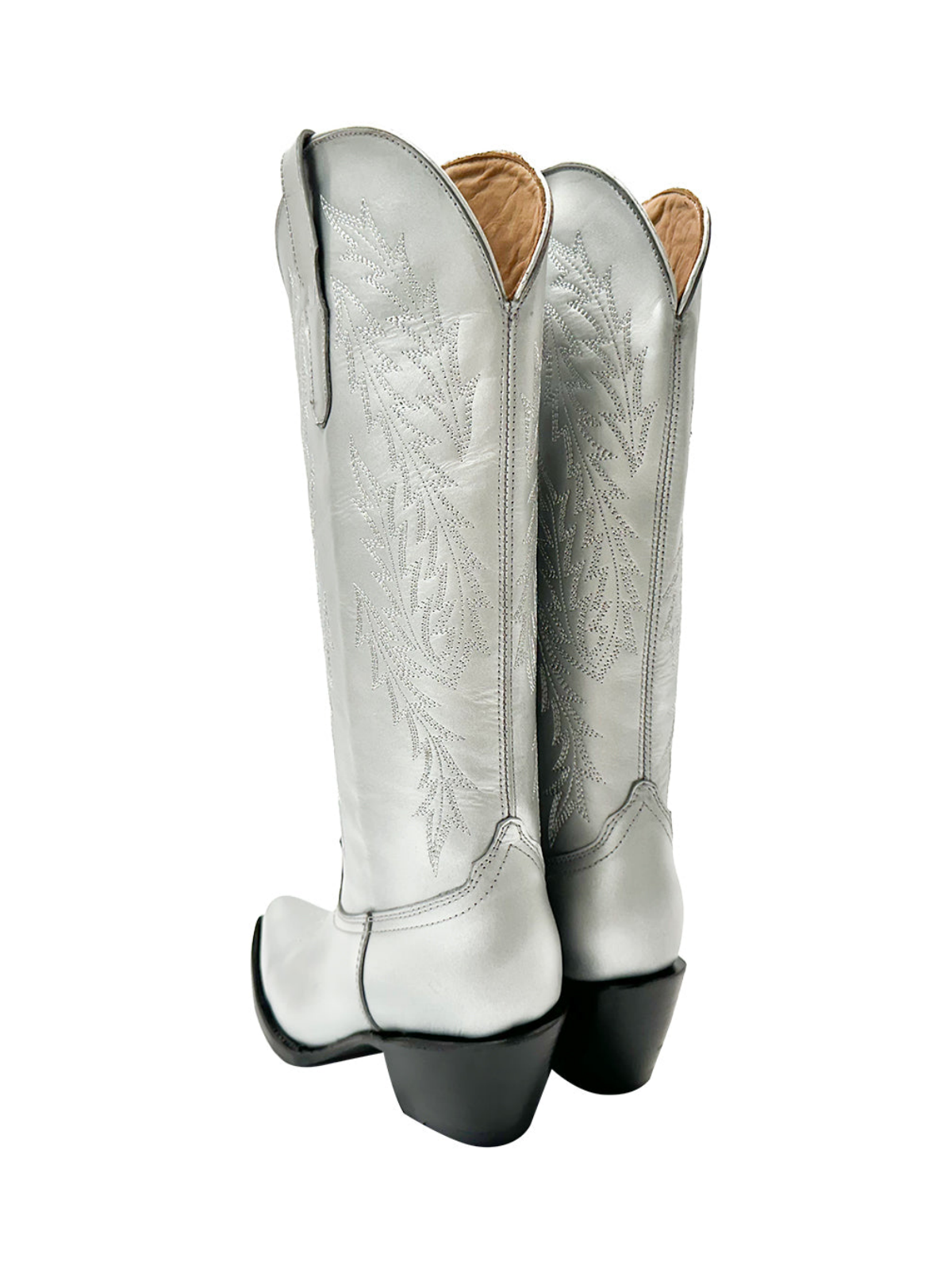 Metallic Snip-Toe Leaf Embroidery Half-Zip Mid Calf Tall Cowgirl Boots - Silver