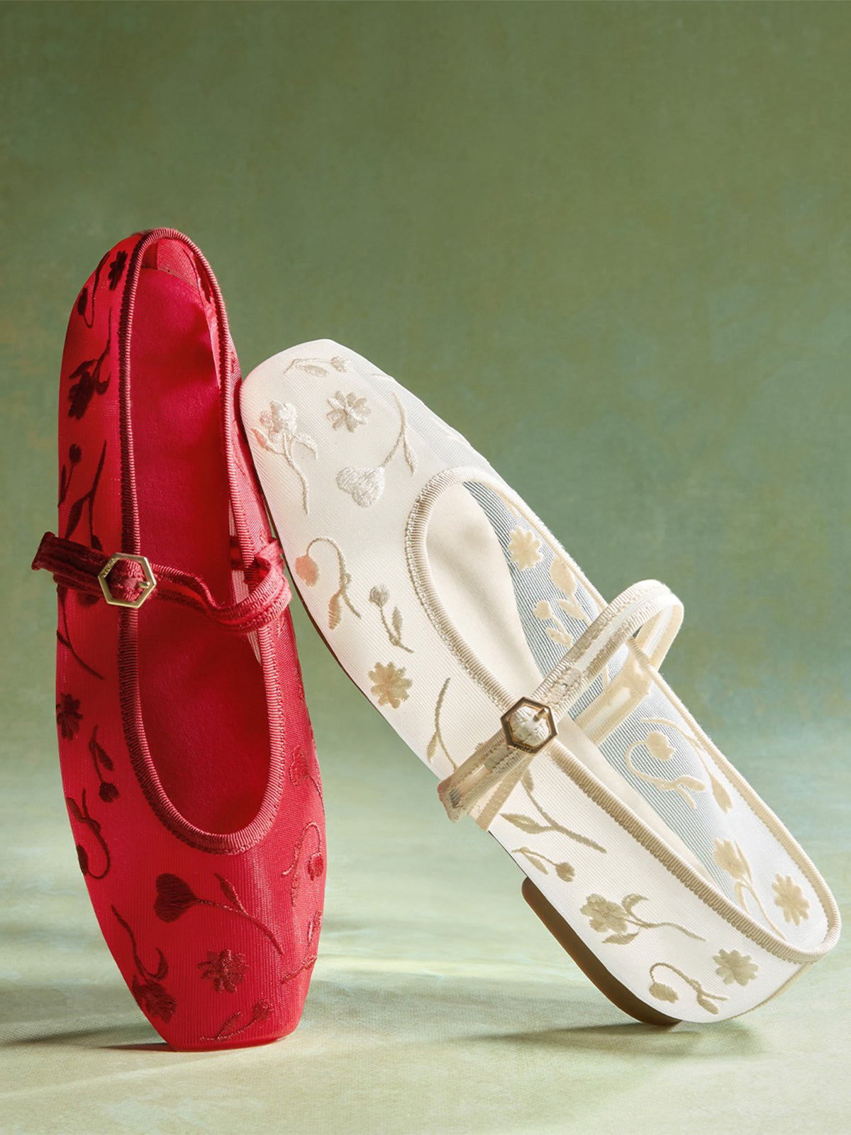 Mesh And Satin Square-Toe Floral Embroidery Mary Jane Flats - Red