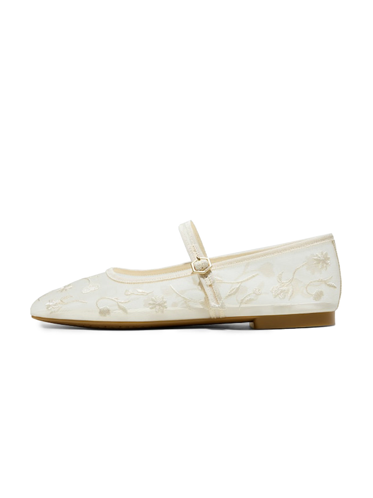 Mesh And Satin Square-Toe Floral Embroidery Mary Jane Flats - Cream