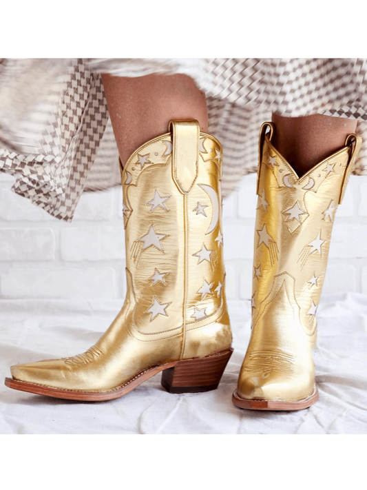 Metallic Gold Snip-Toe White Stars Inlay Wide Mid Calf Cowgirl Boots