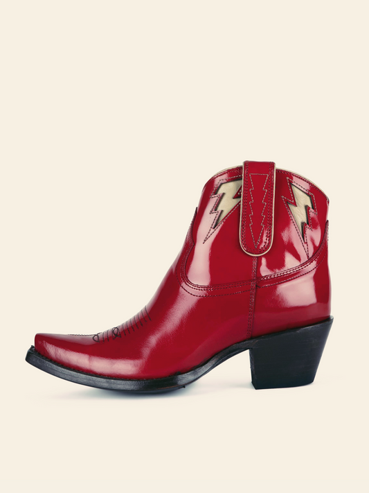 Lightning Inlay Snip-Toe Full-Zip Ankle Booties - Red Patent