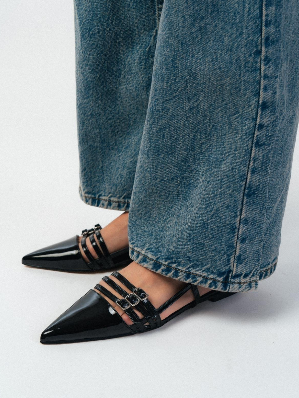 Black Patent Pointy Ballet Flats Slingbacks With Tripple Parallel Straps