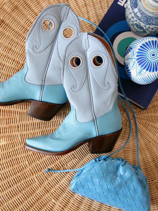 Contrast Blue And Sky Blue Paisley Cutout Snip-Toe Wide Mid Calf Cowgirl Boots