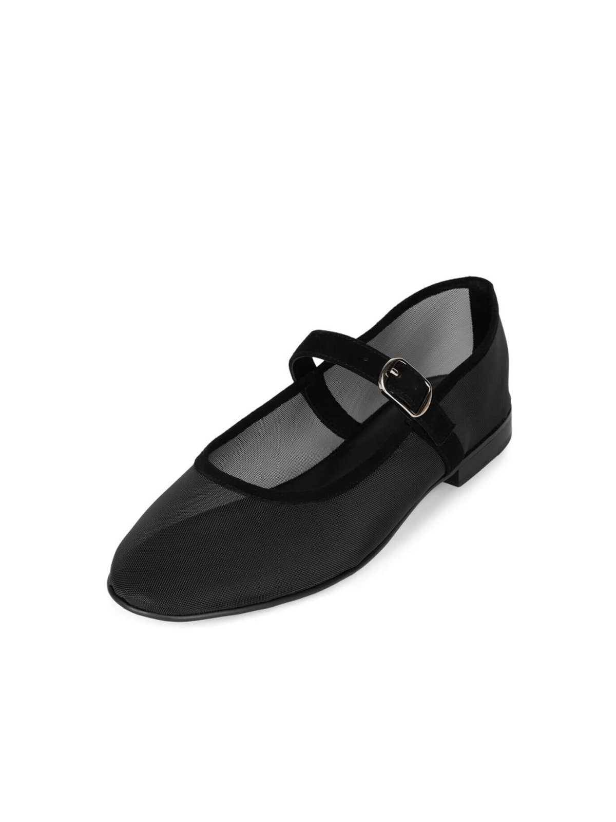 Black Mesh Mary Janes Flats With Faux Suede Buckled Strap