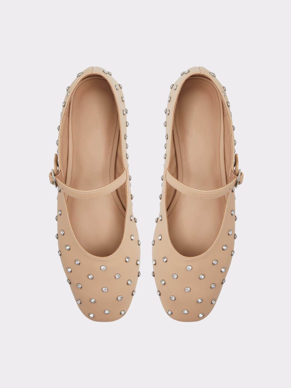 Beige Rhinestone Square-Toe Ballet Flats Buckle Detailed Mary Janes