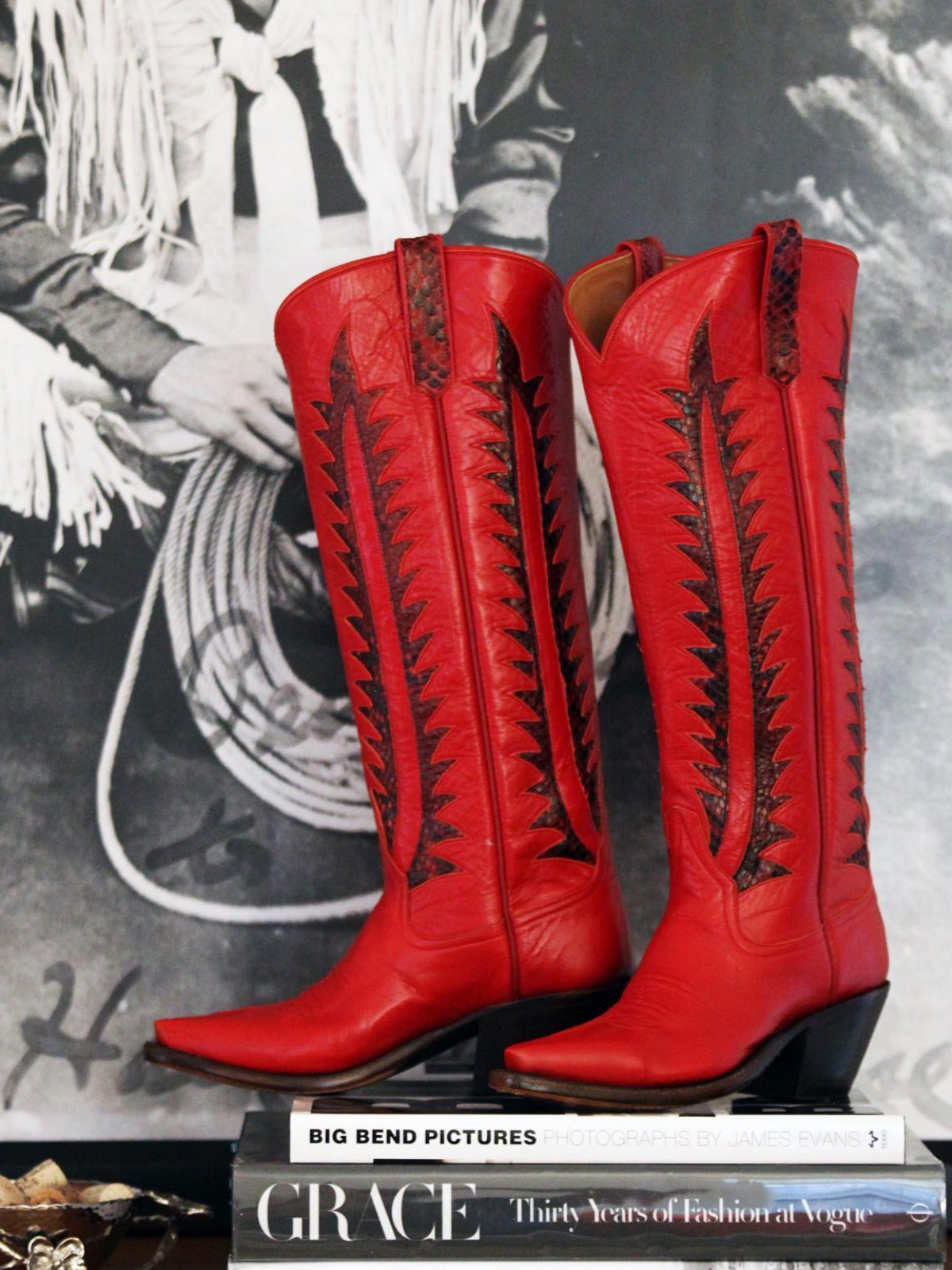 Red Snip-Toe Snakeskin Inlay Wide Calf Tall Knee High Cowgirl Boots