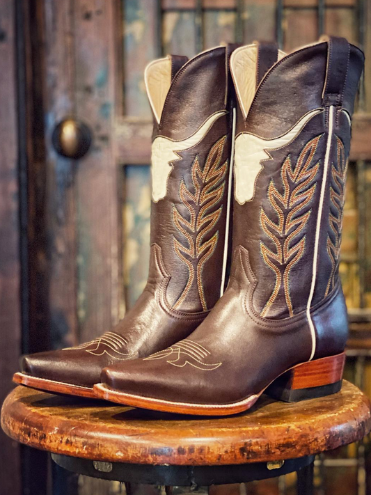 Dark Brown Embroidery Inlay Snip-Toe Wide Mid Calf Tall Cowgirl Boots