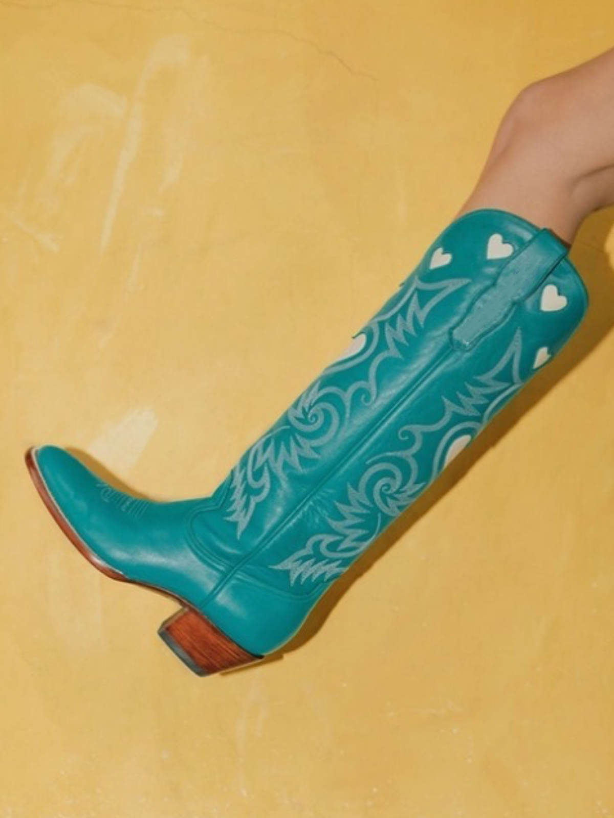 Ivory Heart Inlay Embroidery Almond-Toe Tall Wide Mid Calf Cowgirl Boots - Teal Green